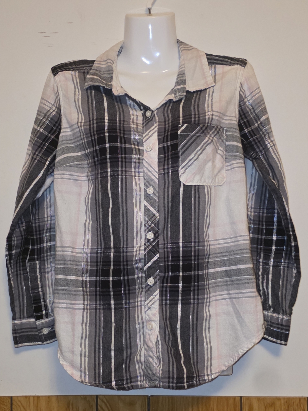Time and Tru Plaid Button-Down Shirt in Black, Gray, and Cream